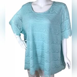 CATHERINES Light Blue Crochet Lace  Short Sleeve Lined Blouse SZ 2X 22/24W